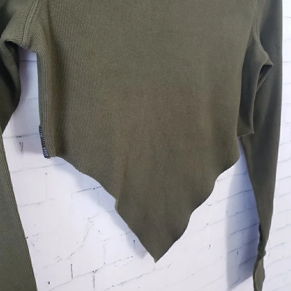 Free People Movement Long Sleeve Ribbed Knit Knot Front Cropped Top Size L Green